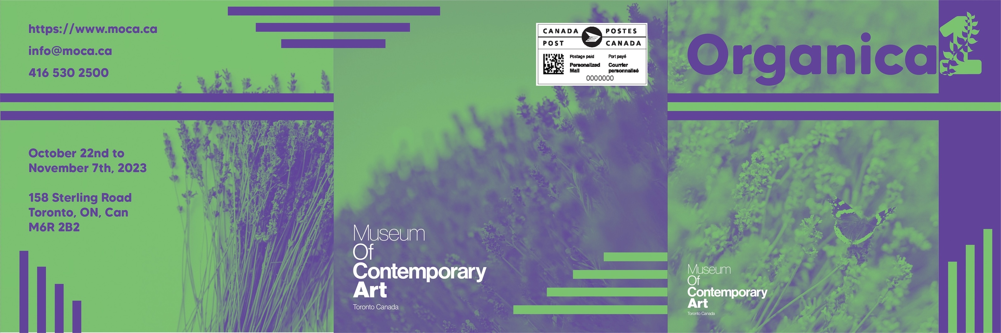 A duotone green and purple brochure for The Museum of Contemporary Art.