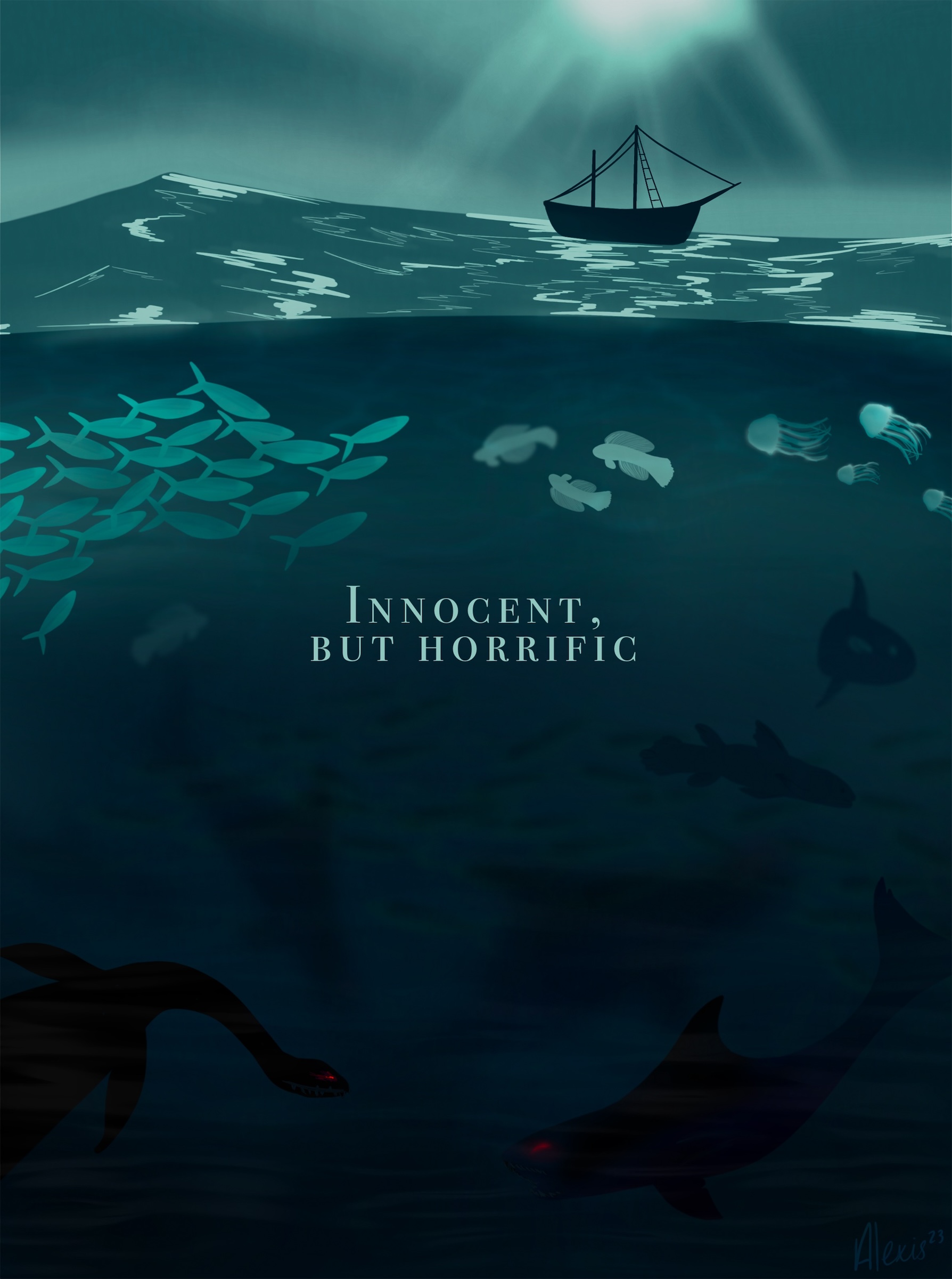 An illustration made on the given prompt 'Innocent, but deadly', depicting an ocean.